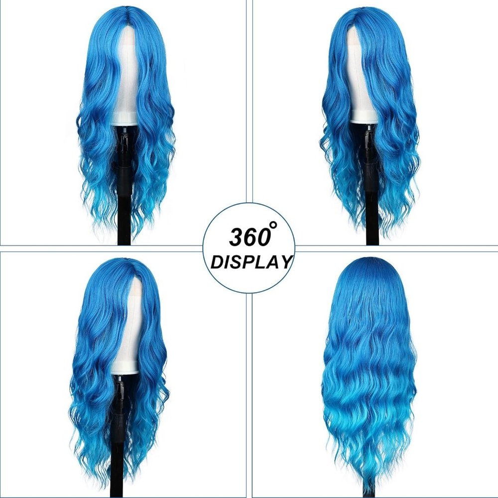 26 INCH Long Blue Wavy Middle Part Wig - Picture 3 of 5